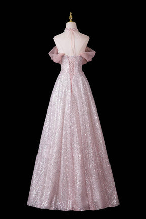 Pink Sequin Off-Shoulder Ball Gown – Beaded Floral Bodice with Detachable Tulle Sleeves, Custom Fit