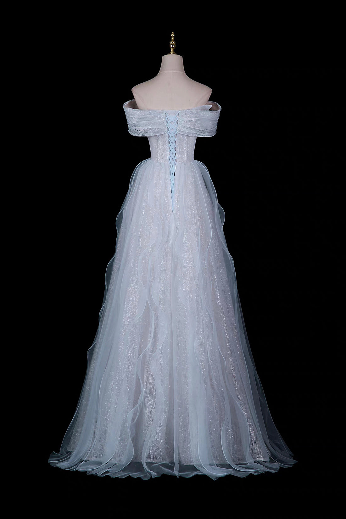 Light Blue Off-Shoulder Beaded Waist Tulle Evening Gown with Ruffled Skirt