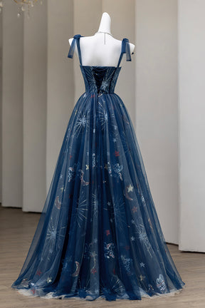 Navy Blue Celestial Embroidered Tulle Prom Dress with Corset Bodice & Bow Straps