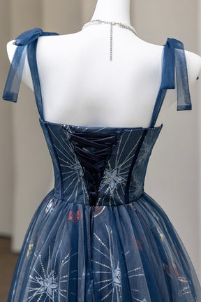 Navy Blue Celestial Embroidered Tulle Prom Dress with Corset Bodice & Bow Straps