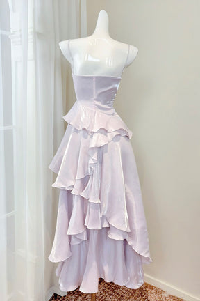 Lilac Iridescent Spaghetti Strap Gown with Cascading Ruffles & Asymmetrical Skirt – Romantic Style