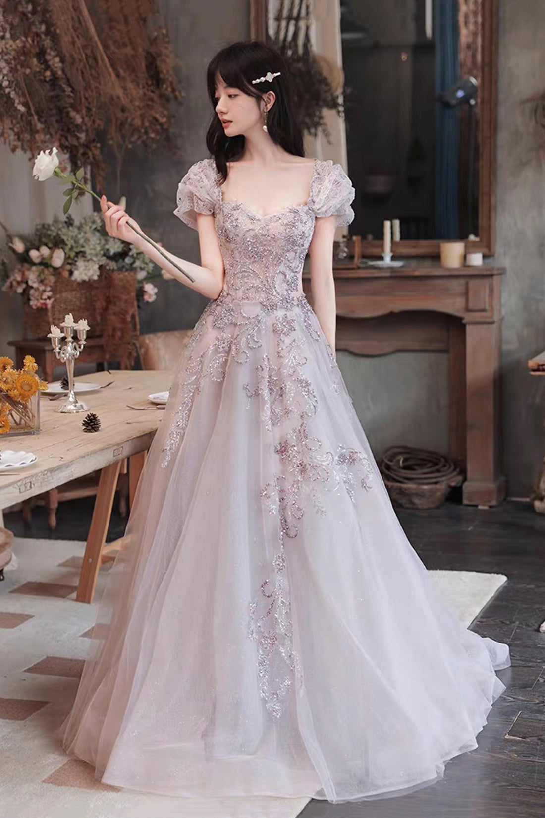 Lilac Grey Square Neck Bubble Sleeve Tulle Gown with Sequin Embroidery