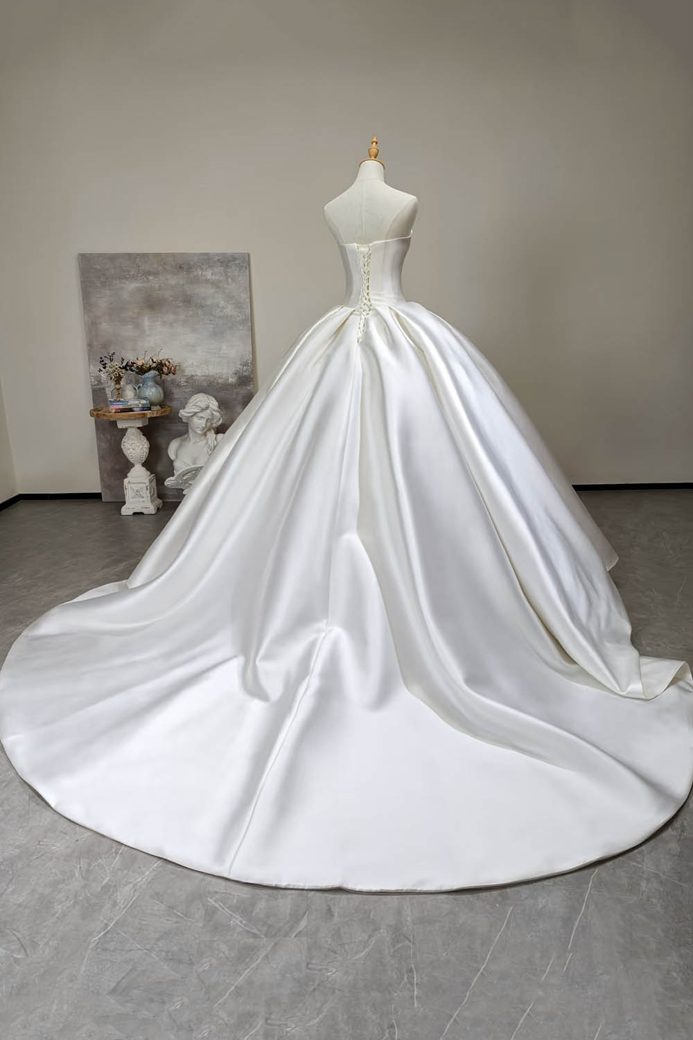 Classic Strapless Satin Ball Gown Wedding Dress – Minimalist Bridal Gown with Long Train