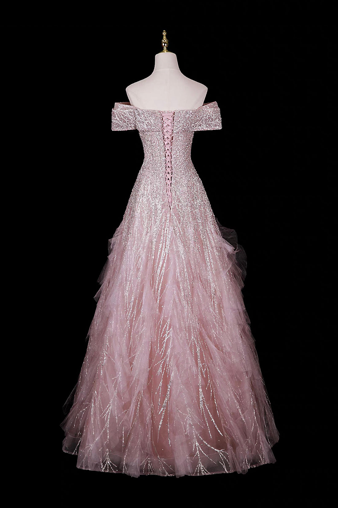 Pink Off-Shoulder Sequin Gown with Ruffled Shoulders