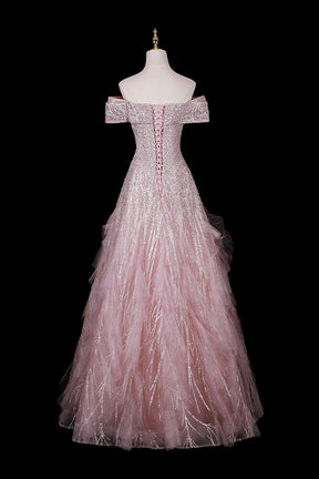 Pink Off-Shoulder Sequin Gown with Ruffled Shoulders