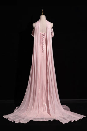 Pink Shimmer Off-Shoulder Evening Gown with Cape