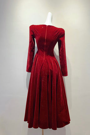 Burgundy Glitter Velvet Square Neck Midi Dress with Puffed Shoulders
