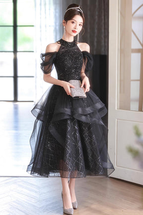 Black Sequin Halter Party Dress with Tulle Ruffles