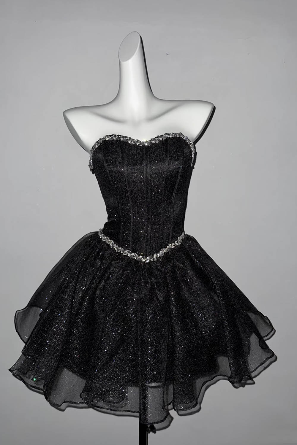 Black Sparkle Tulle Strapless Mini Dress – Crystal Sweetheart NecklineB, Custom Fit