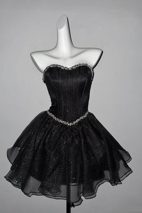 Black Sparkle Tulle Strapless Mini Dress – Crystal Sweetheart NecklineB, Custom Fit