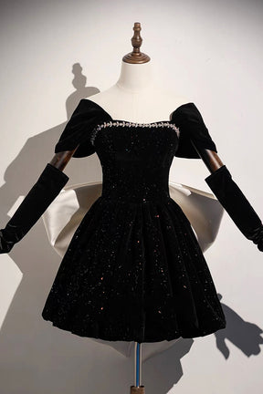 Black Sparkle Velvet Off-Shoulder Mini Dress – Crystal Neckline with Oversized White Satin Bow Back