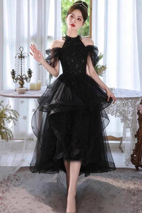 Black Sequin Halter Party Dress with Tulle Ruffles