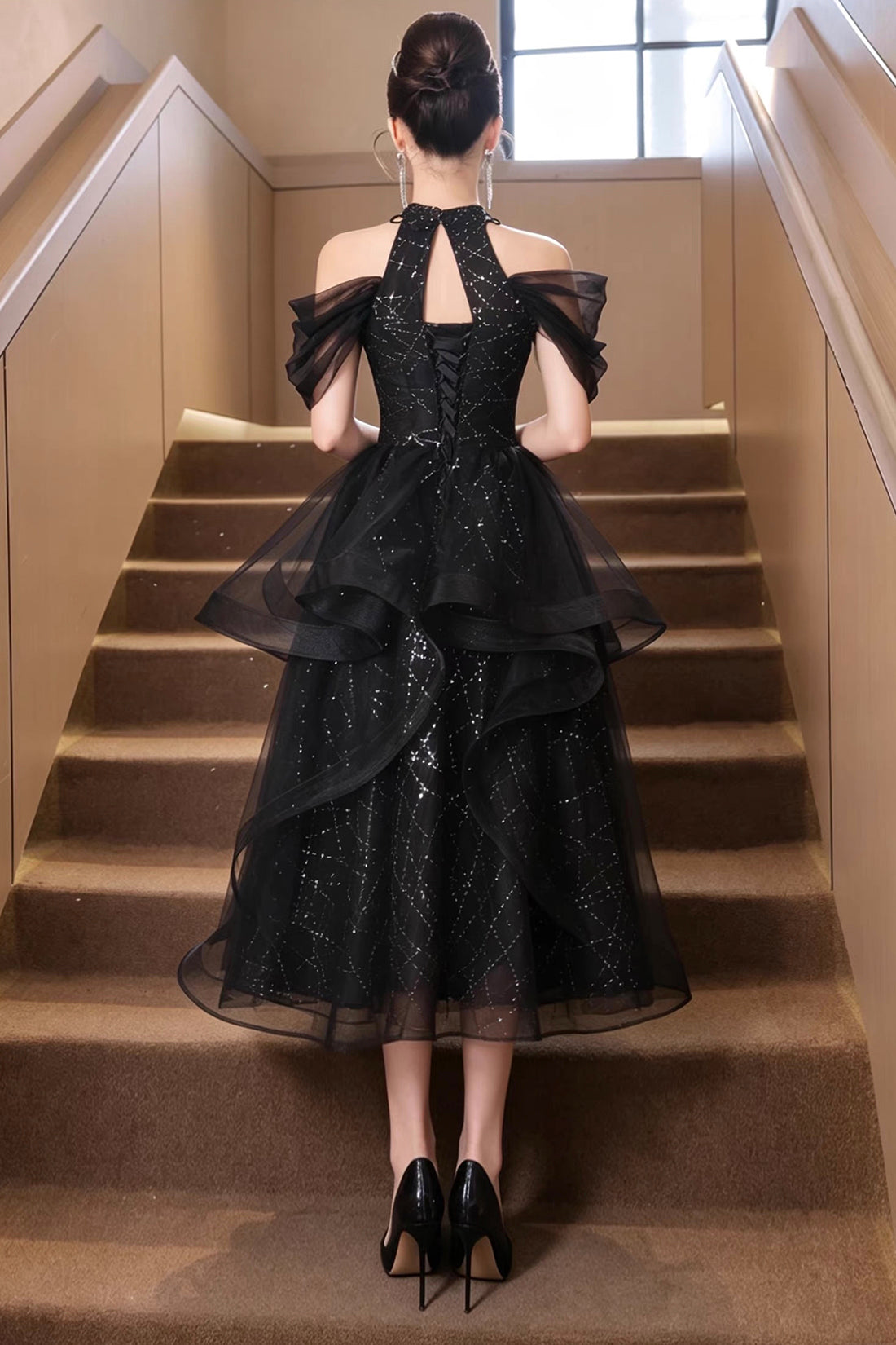 Black Sequin Halter Party Dress with Tulle Ruffles