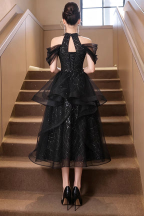 Black Sequin Halter Party Dress with Tulle Ruffles