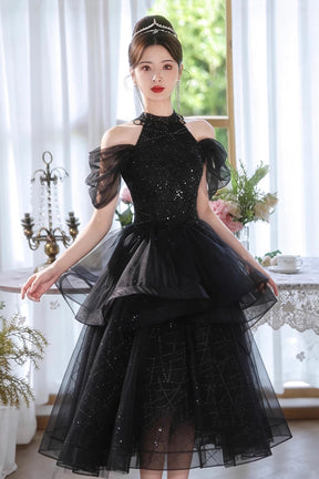 Black Sequin Halter Party Dress with Tulle Ruffles