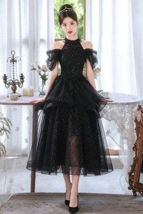 Black Sequin Halter Party Dress with Tulle Ruffles