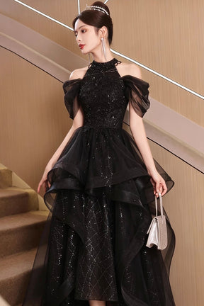 Black Sequin Halter Party Dress with Tulle Ruffles