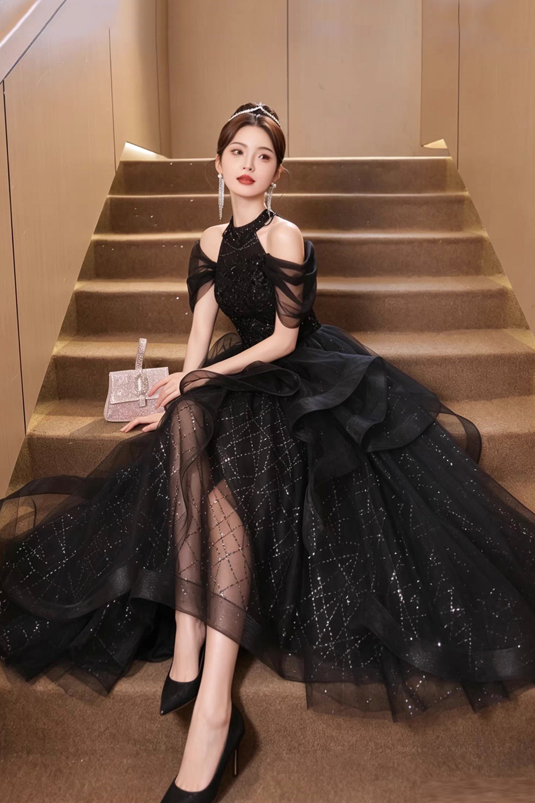 Black Sequin Halter Party Dress with Tulle Ruffles