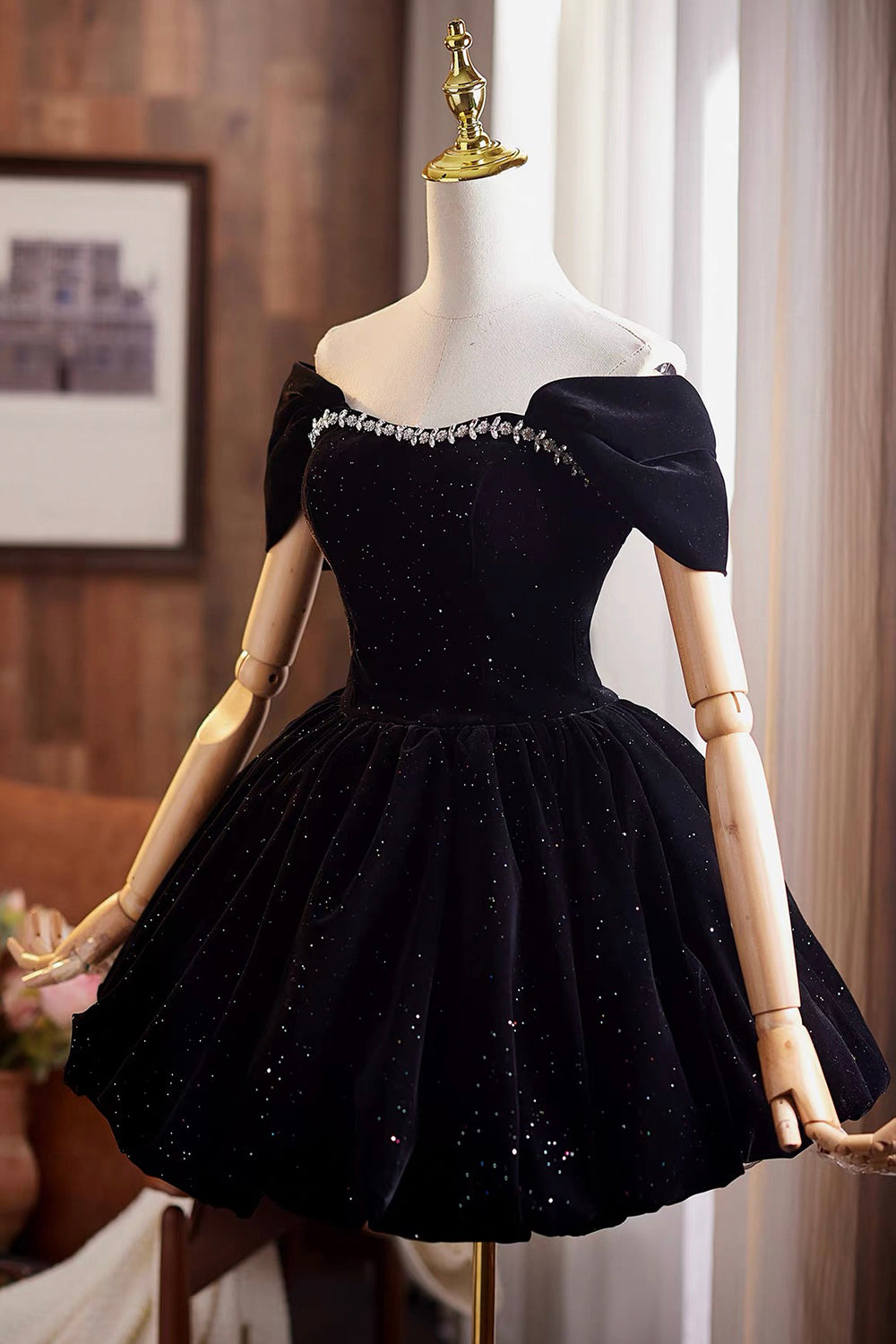 Black Velvet Off-Shoulder Short Party Dress with Crystal Neckline