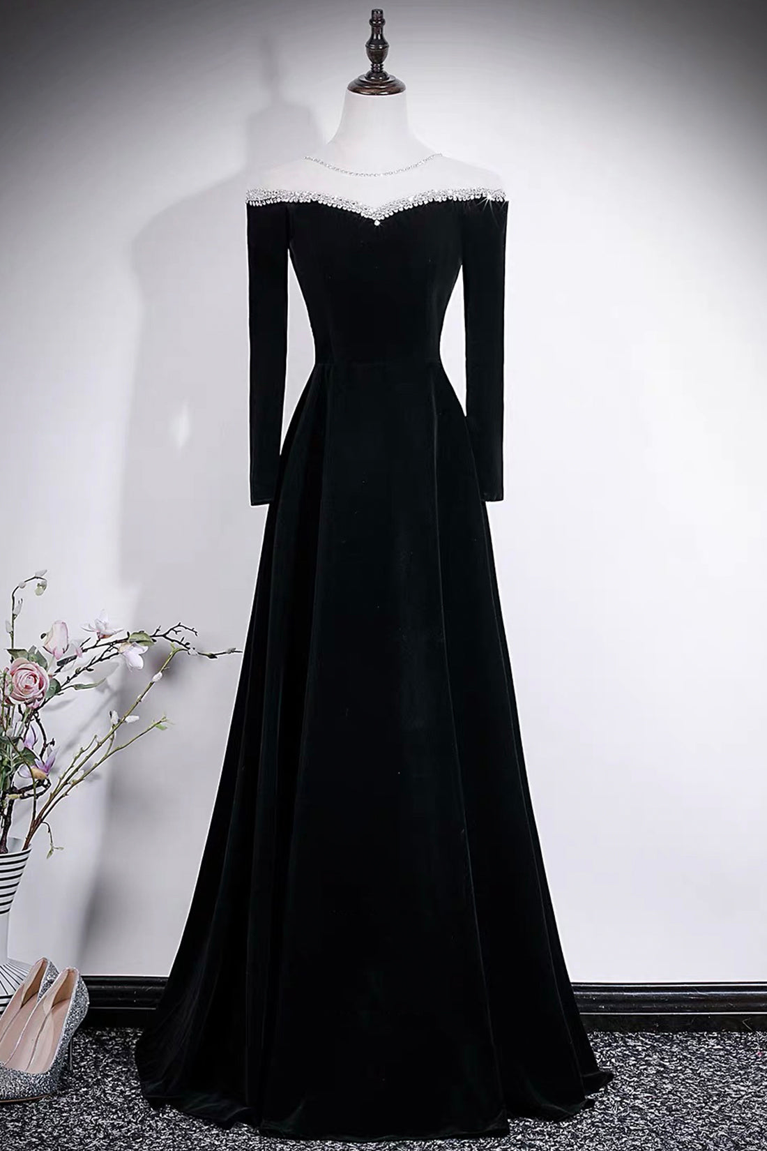 Black Velvet Off-Shoulder Long Sleeve Evening Gown with Crystal Trim