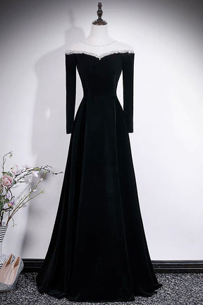 Black Velvet Off-Shoulder Long Sleeve Evening Gown with Crystal Trim