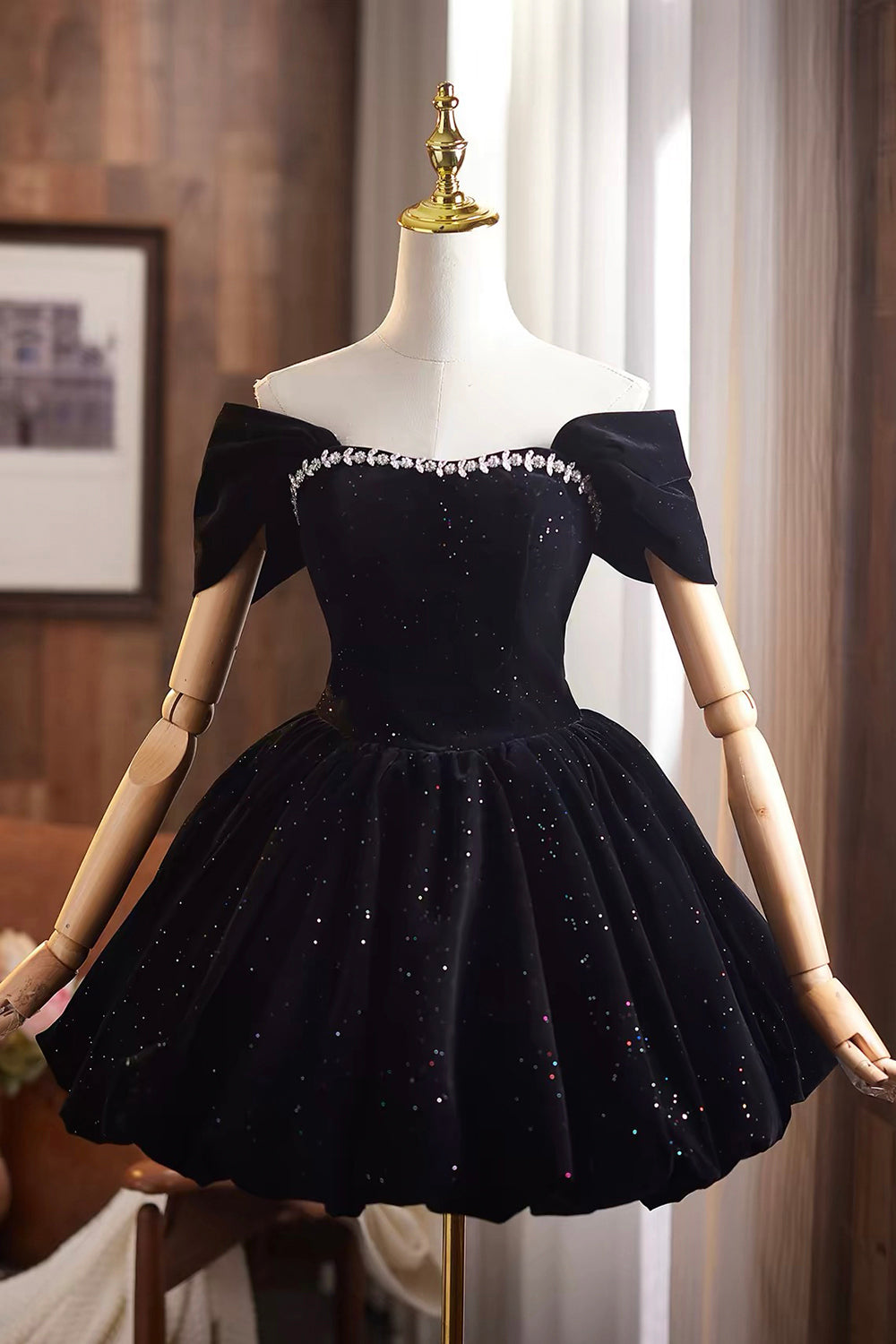 Black Velvet Off-Shoulder Short Party Dress with Crystal Neckline
