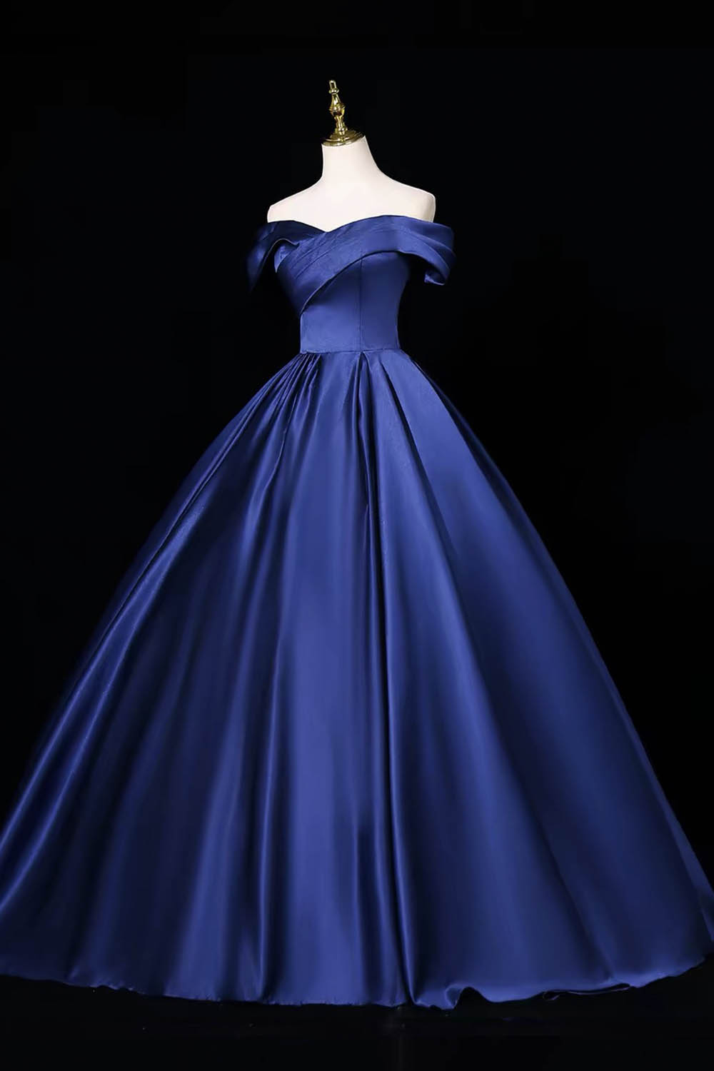 Navy Blue Satin Off-Shoulder Ball Gown – Elegant Cross-Drape Evening Dress with Corset Back, Custom Fit