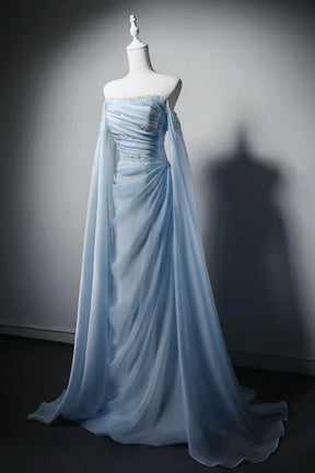 Elegant Light Blue Strapless Tulle Gown with Beaded Bodice