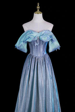 Light Blue Iridescent Off-Shoulder Ball Gown with  Butterfly Accents