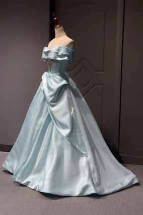 Light Blue Satin Off-the-Shoulder Ball Gown with Crystal Bodice