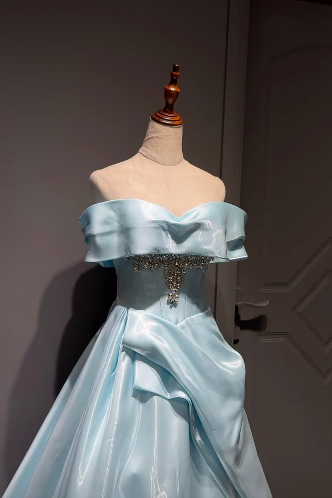 Light Blue Satin Off-the-Shoulder Ball Gown with Crystal Bodice