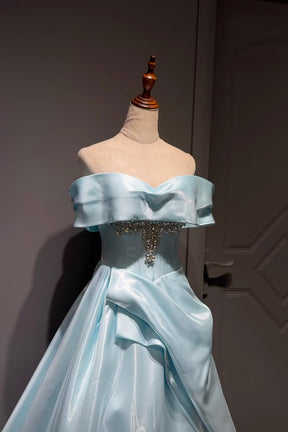 Light Blue Satin Off-the-Shoulder Ball Gown with Crystal Bodice