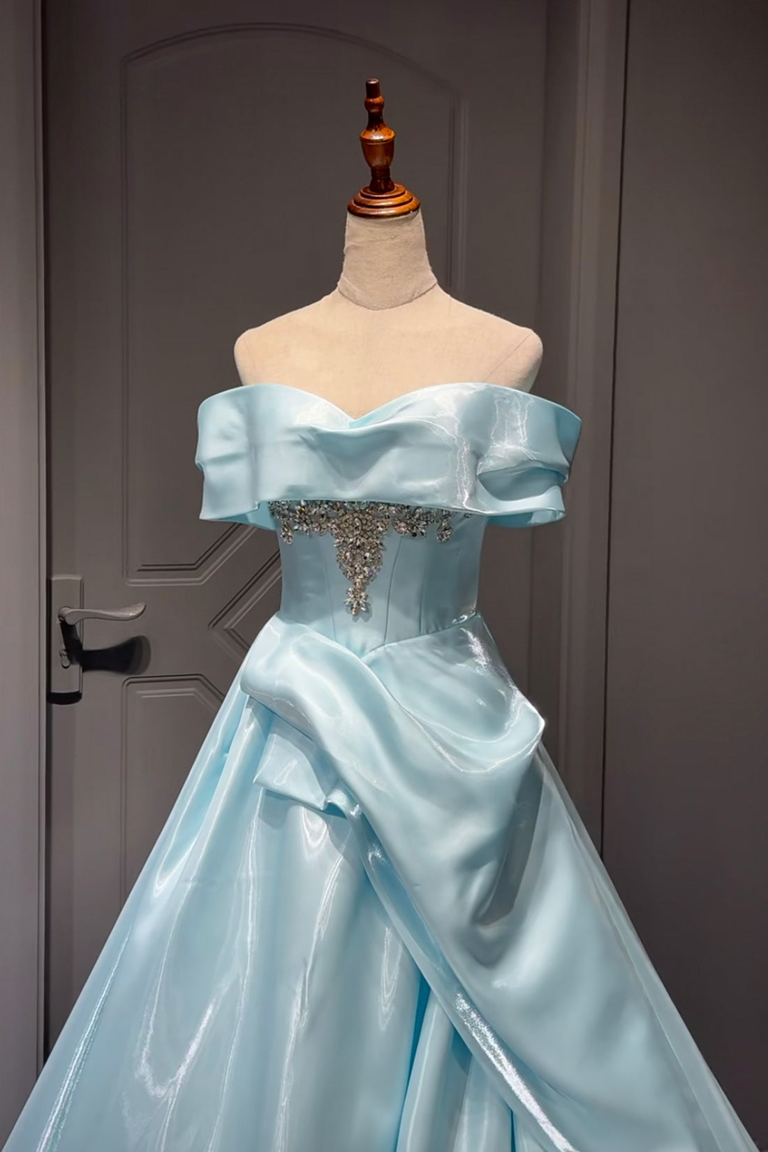 Light Blue Satin Off-the-Shoulder Ball Gown with Crystal Bodice