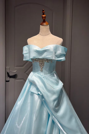 Light Blue Satin Off-the-Shoulder Ball Gown with Crystal Bodice