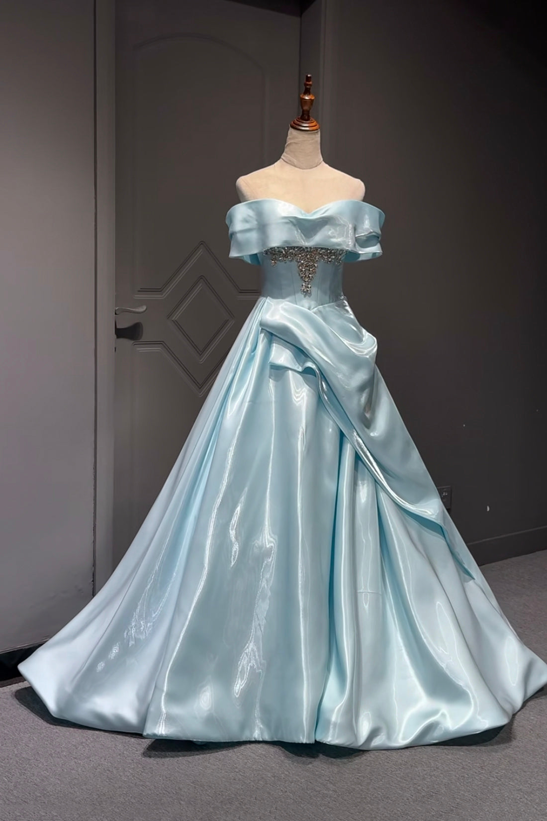 Light Blue Satin Off-the-Shoulder Ball Gown with Crystal Bodice