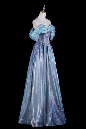 Light Blue Iridescent Off-Shoulder Ball Gown with  Butterfly Accents