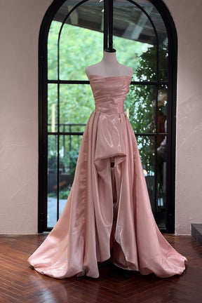 Pink Satin Off-Shoulder A-Line Evening Gown with Pearl Ruching
