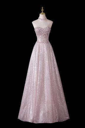 Pink Sequin Off-Shoulder Ball Gown – Beaded Floral Bodice with Detachable Tulle Sleeves, Custom Fit