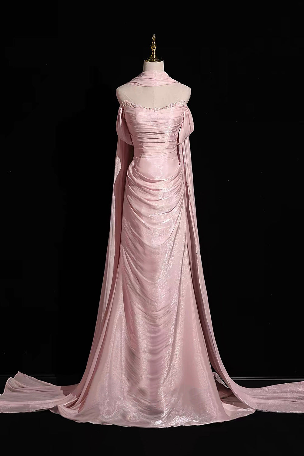 Pink Shimmer Off-Shoulder Evening Gown with Cape