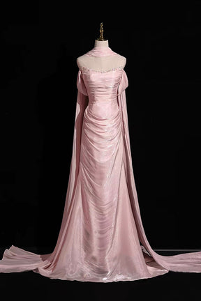 Pink Shimmer Off-Shoulder Evening Gown with Cape