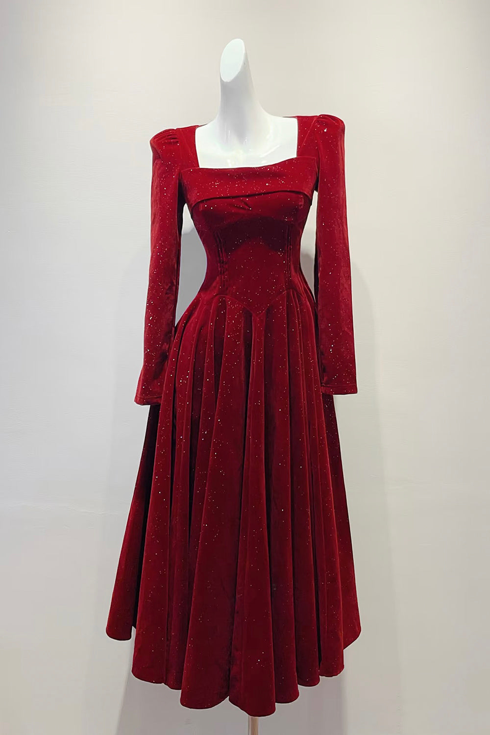 Burgundy Glitter Velvet Square Neck Midi Dress with Puffed Shoulders