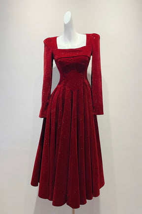 Burgundy Glitter Velvet Square Neck Midi Dress with Puffed Shoulders
