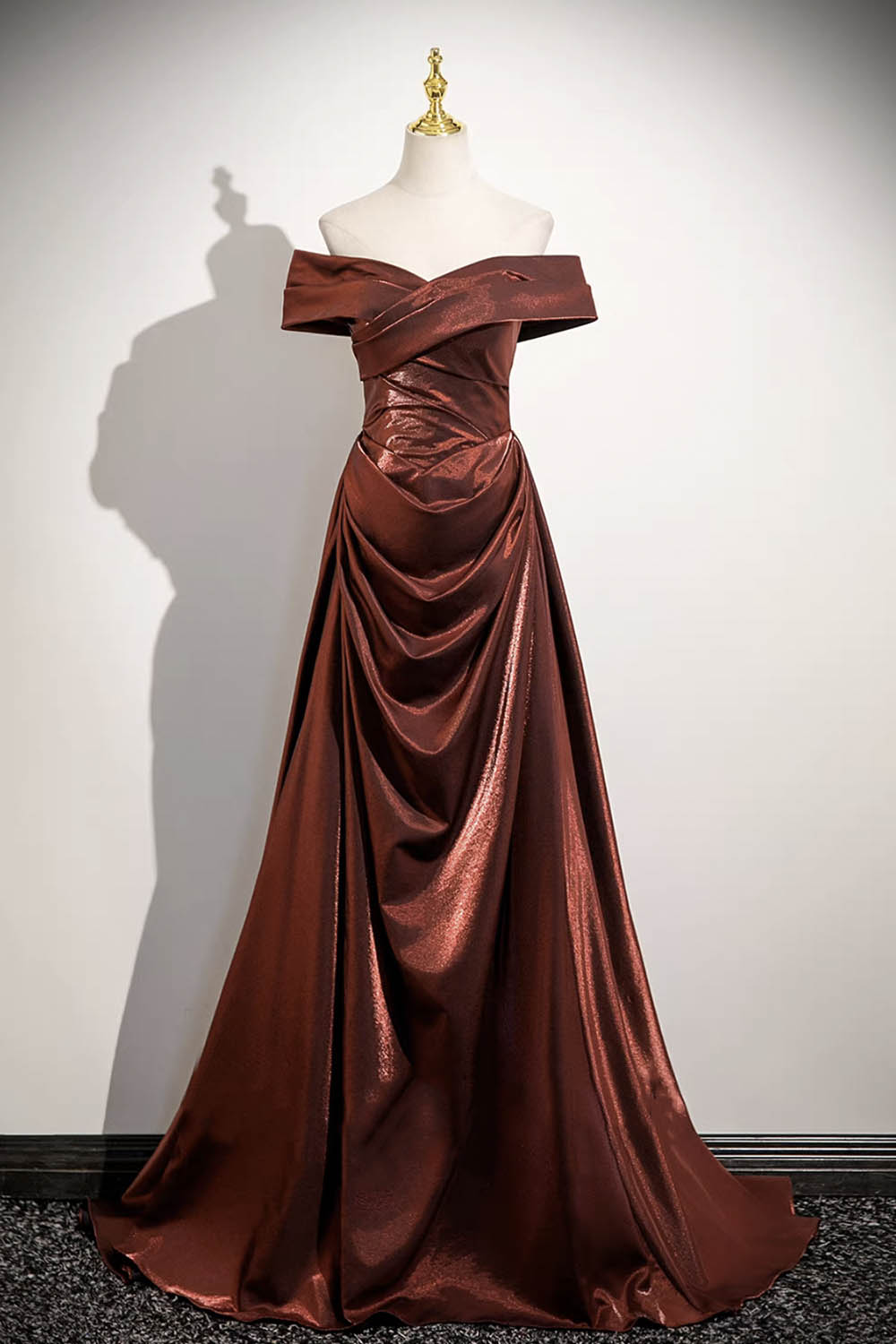 Metallic Burgundy Off-Shoulder Evening Gown with Ruched Skirt