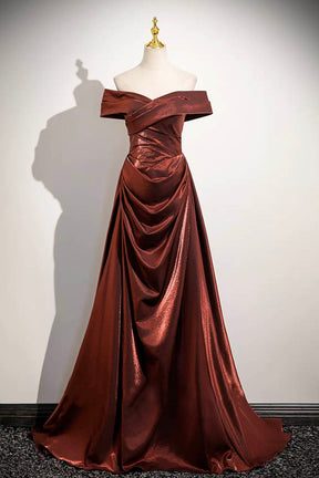 Metallic Burgundy Off-Shoulder Evening Gown with Ruched Skirt