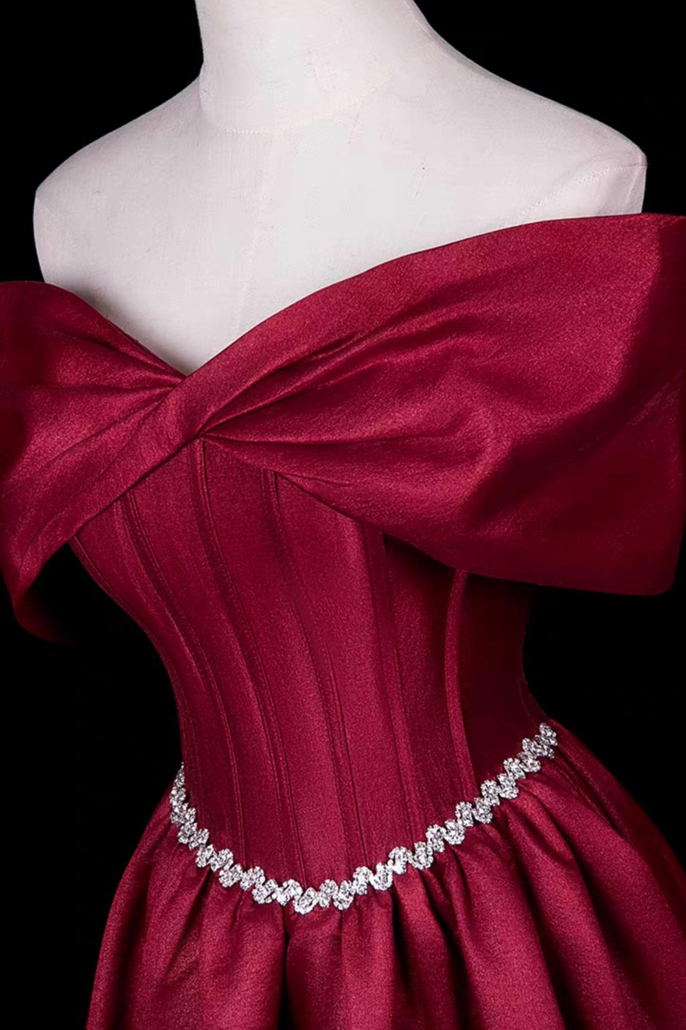 Burgundy Satin Off-Shoulder Ball Gown with Crystal Waistline