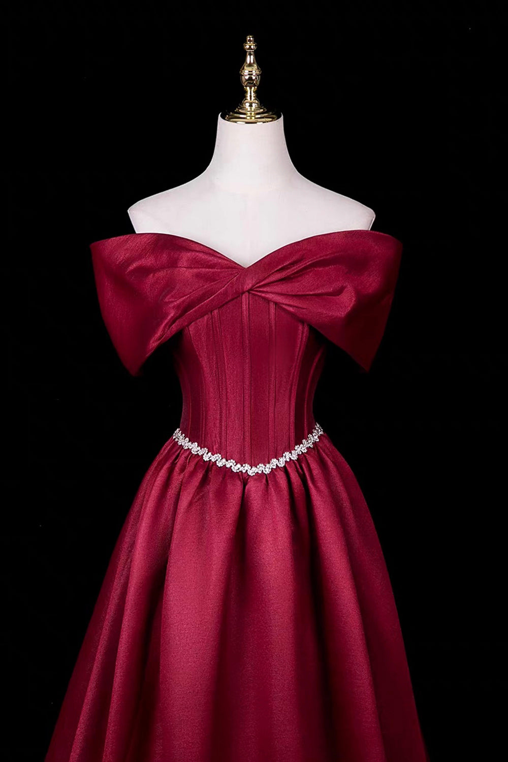 Burgundy Satin Off-Shoulder Ball Gown with Crystal Waistline