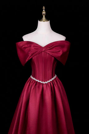 Burgundy Satin Off-Shoulder Ball Gown with Crystal Waistline