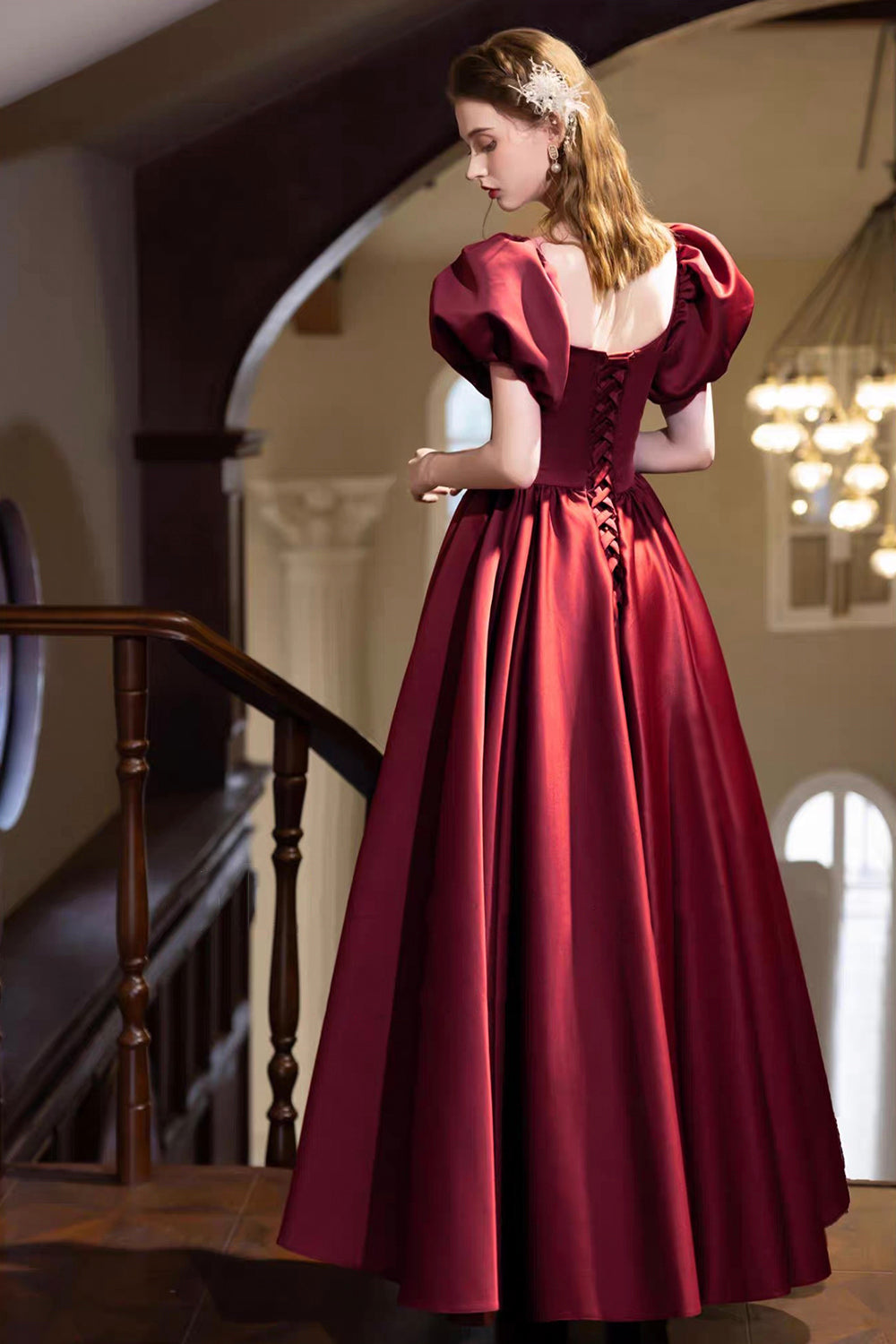 Burgundy Satin Square Neck Ball Gown with Puff Sleeves & Corset Back