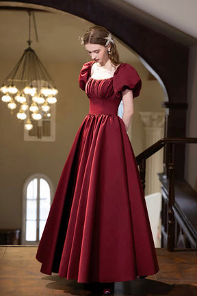 Burgundy Satin Square Neck Ball Gown with Puff Sleeves & Corset Back