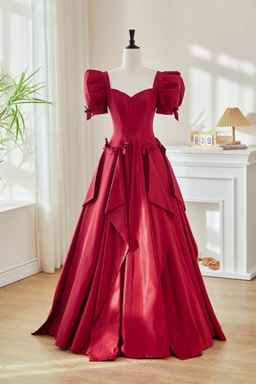 Burgundy Satin Long A-Line Prom Party Dress with Puff Sleeves